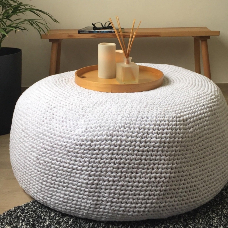 Round Ottoman Pouf in Pure White Chunky Loop Knit Texture