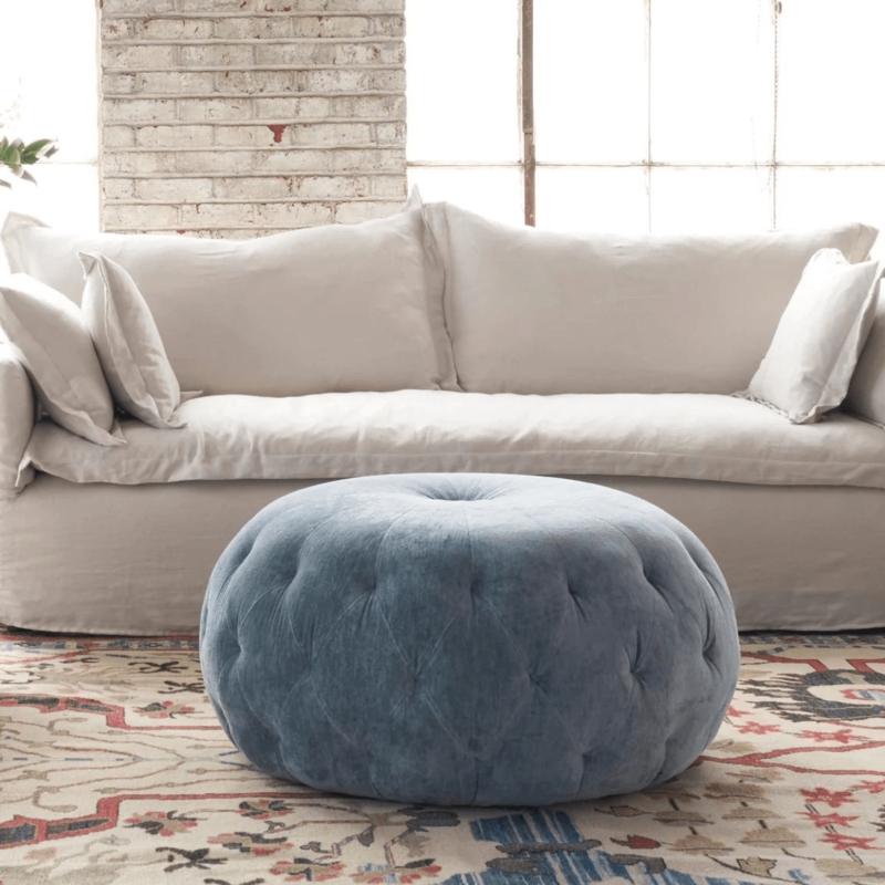Round Ottoman with Diamond Tufting in Slate Blue Fabric