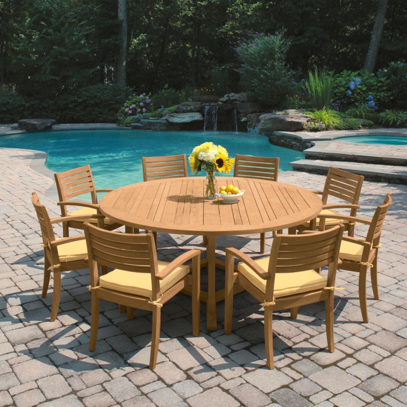 Round Outdoor Dining Table Teak Eight Seater Pedestal Slatted Top