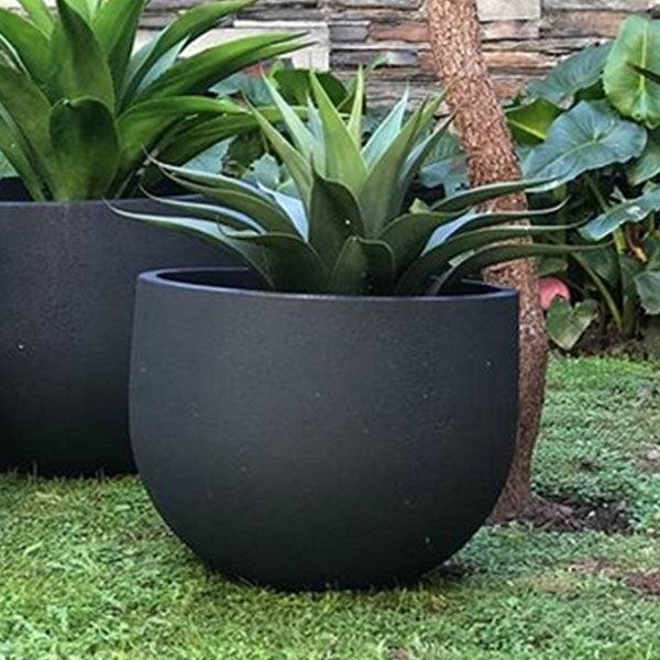 Round Planter Bowl Shape Textured Matte Black Rustic Garden Pot