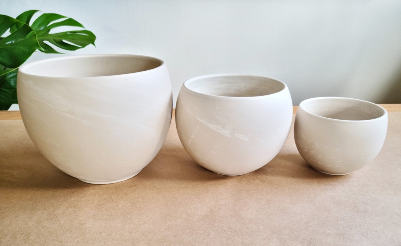 Round Planter Set, Bowl Shape, Graduated Sizes, Matte Off-White, Modern