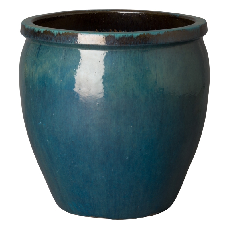 Round Planter Teal Glossy Ceramic Bulbous Body