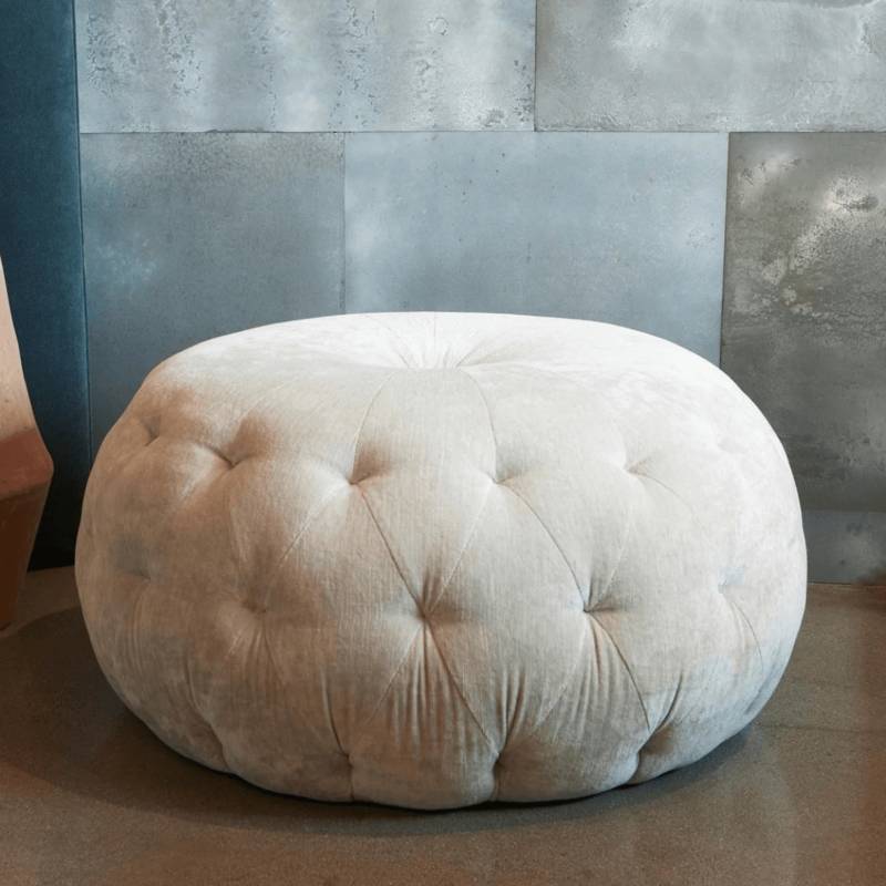 Round Pouf Ottoman in Cream with Buttonless Diamond Tufting
