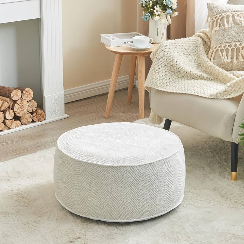 Round Pouf Ottoman in Ivory Chenille with Herringbone Pattern