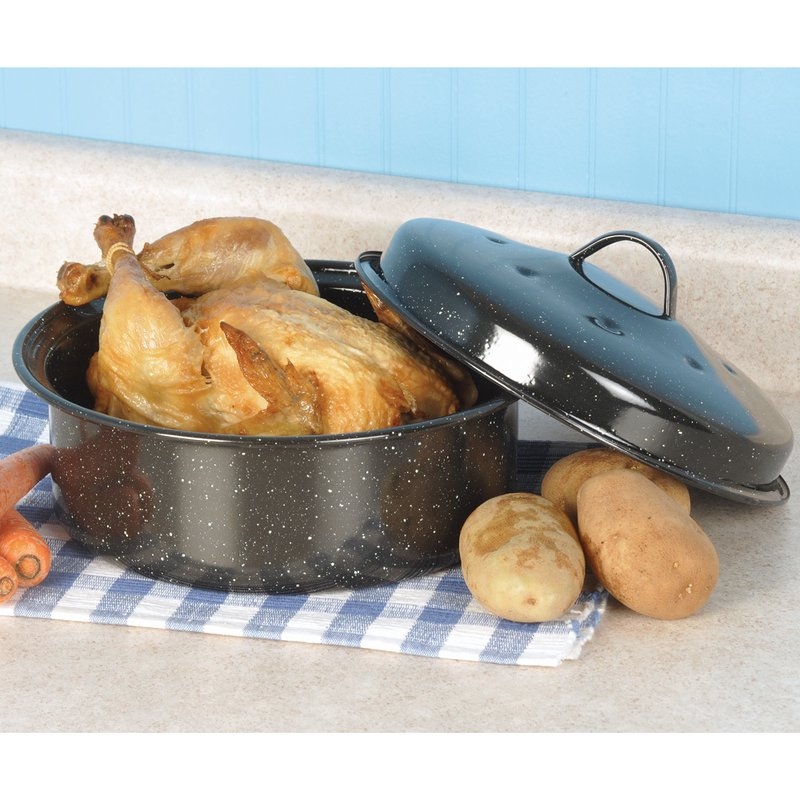 Round Roasting Pan Speckled Black Dimpled Farmhouse Style