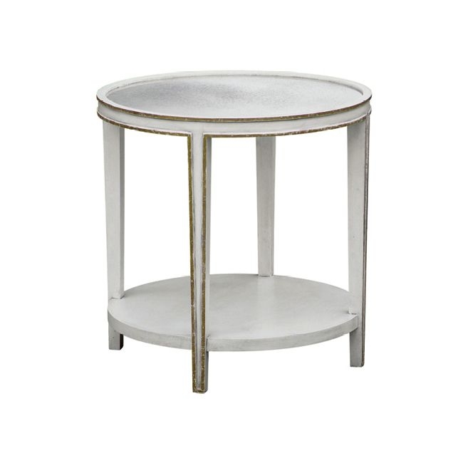 Round Side Table Distressed White Finish Gilded Trim Two-Tier Design