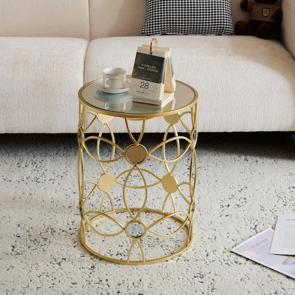 Round Side Table Flower Lattice Frame Metallic Gold Finish Mirrored Top