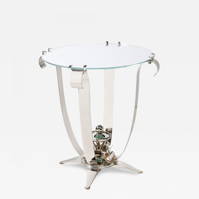 Round Side Table Polished Nickel Curved Straps Mirrored Top Art Deco