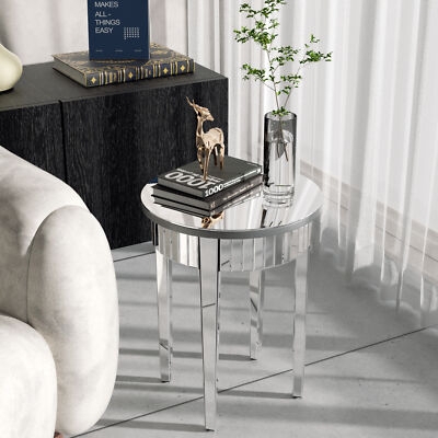 Round Side Table Vertical Slat Apron Mirrored Tapered Legs Silver Glam