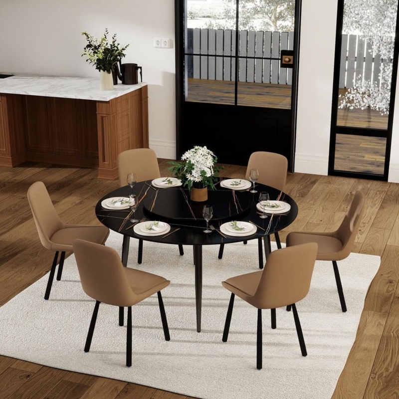 Round Sintered Stone Table Set, Black with Tan Upholstery Chairs
