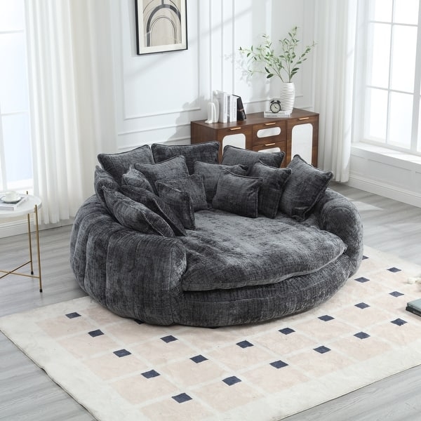 Round Sofa Bed: Charcoal Grey Oversized with Vertical Channeling.