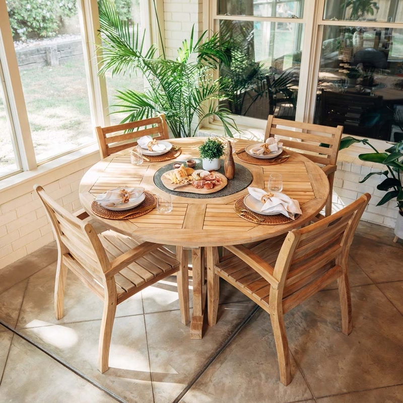 Round Teak Dining Set with Granite Lazy Susan, Radial Slat Top