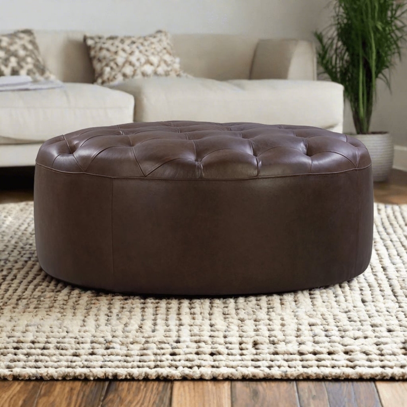 Round Tufted Ottoman Leather Like Oversized Pouf Low Profile Base