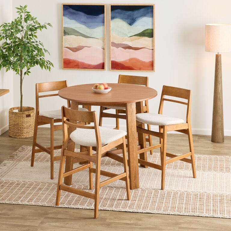 Round Wood Counter Set Ivory Upholstery Tapered Legs Slat Back