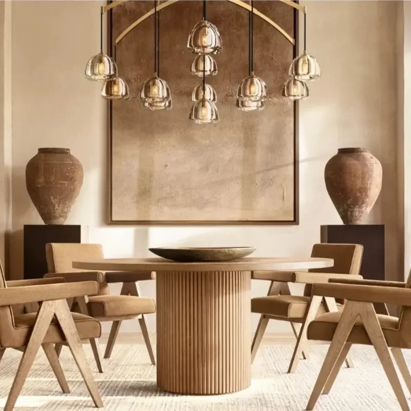 Round Wood Dining Table with Architectural Fluted Pedestal Base