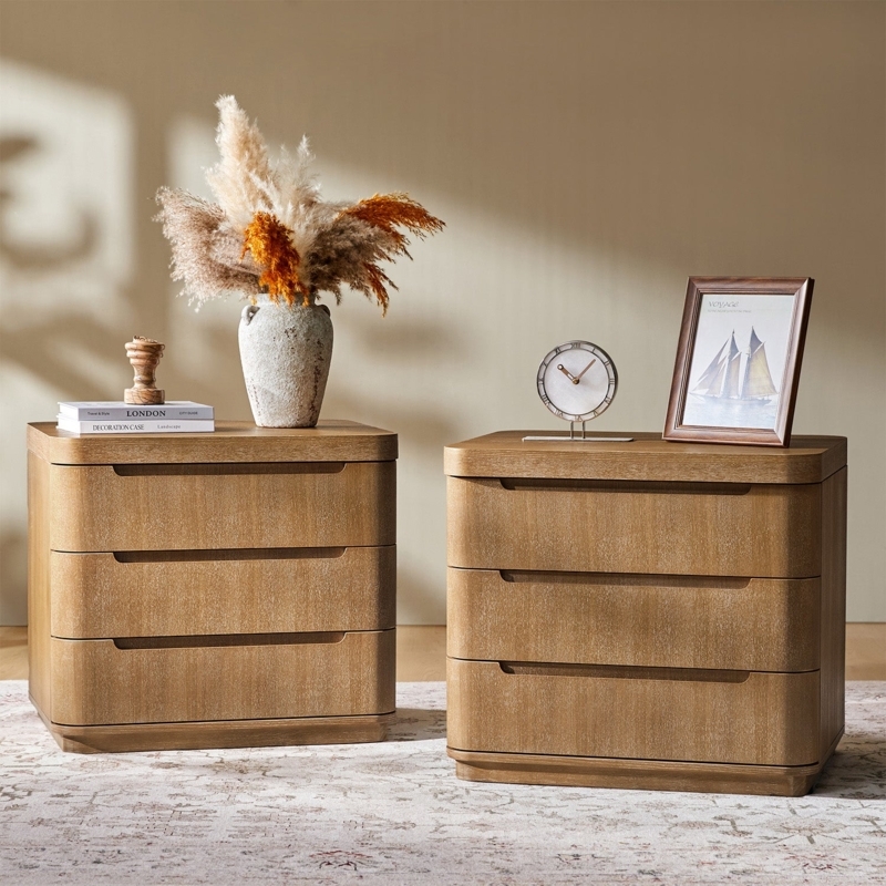 Rounded Corner Nightstand: Integrated Handle Honey Oak Storage Chest