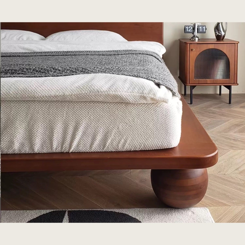 Rounded Wood Platform Bed Spherical Legs Walnut Finish