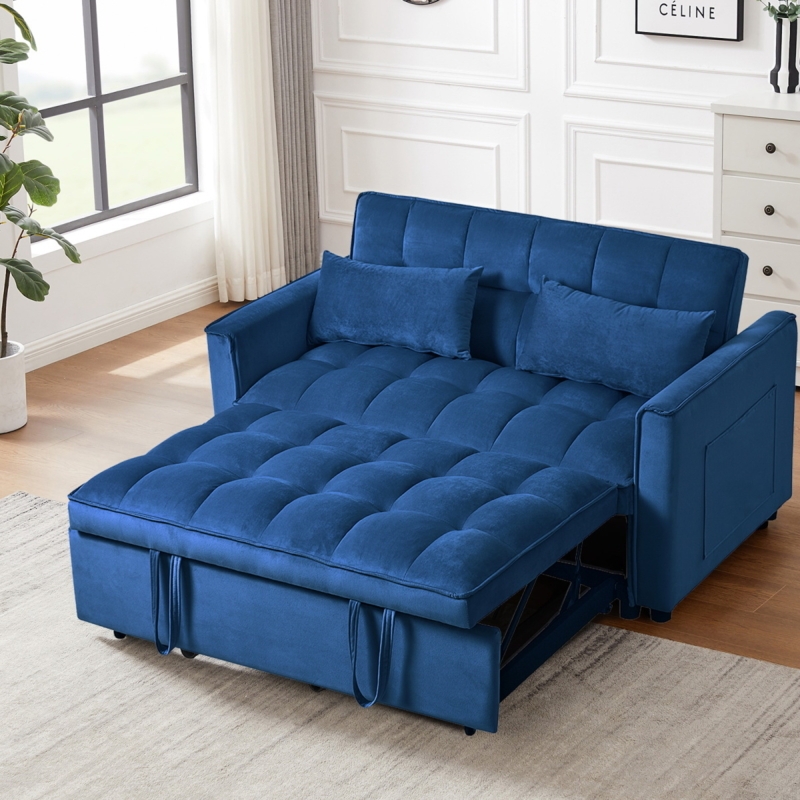 Royal Blue Velvet Sleeper Sofa, Square Grid Tufting, Low Profile Legs
