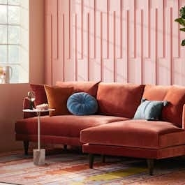 Rust Orange Velvet Sectional Sofa with Mid-Century Tapered Legs
