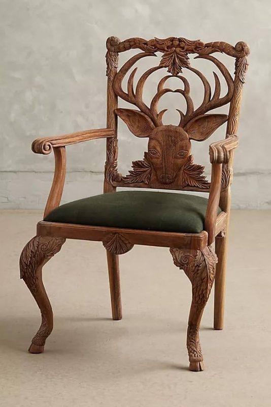 Rustic Armchair: Hand Carved Deer Head and Antler Backrest, Hoof Feet
