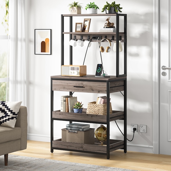 Rustic Bakers Rack with Power Outlet & Tray-Style Shelves