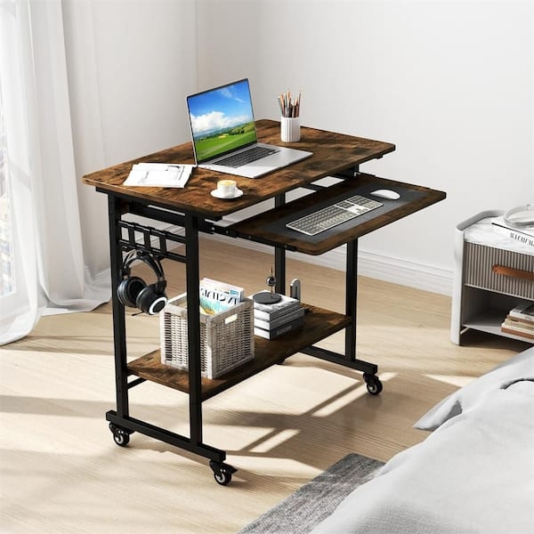Rustic Brown Rolling Computer Desk Sliding Keyboard Tray Side Hooks