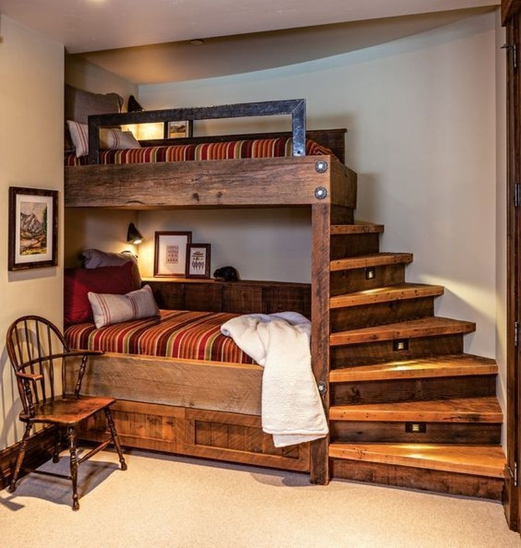 Rustic Bunk Bed with Integrated Staircase and Lights