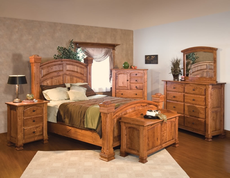 Rustic Cherry Bedroom Furniture Set with Arched Panel Headboard Design