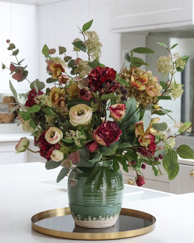 Rustic Chic Arrangement: Burgundy Peonies in Ribbed Green Ceramic Vase