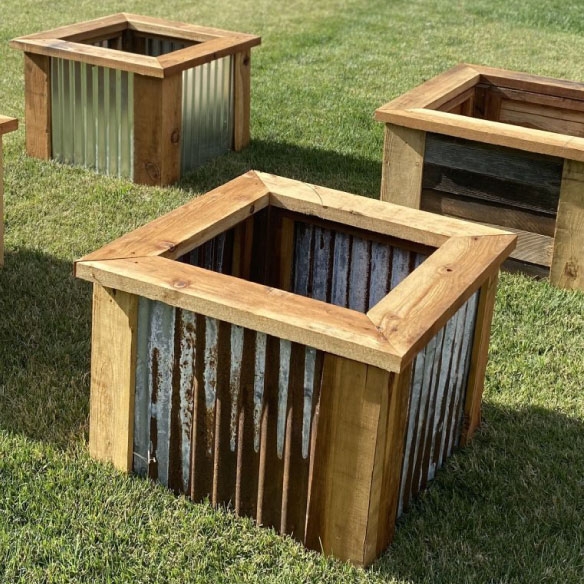 Rustic Corrugated Metal Planter with Mitered Wood Rim