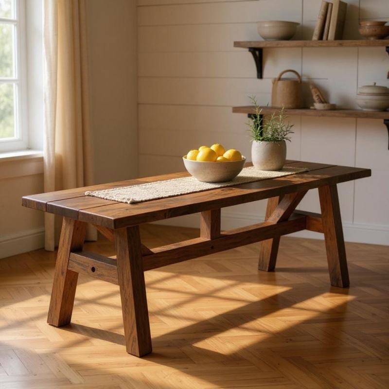Rustic Craftsman Dining Table Angled Legs Planked Top Walnut Brown