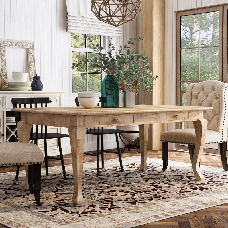Rustic Dining Table Cabriole Legs Light Wood Natural Grain with Drawers