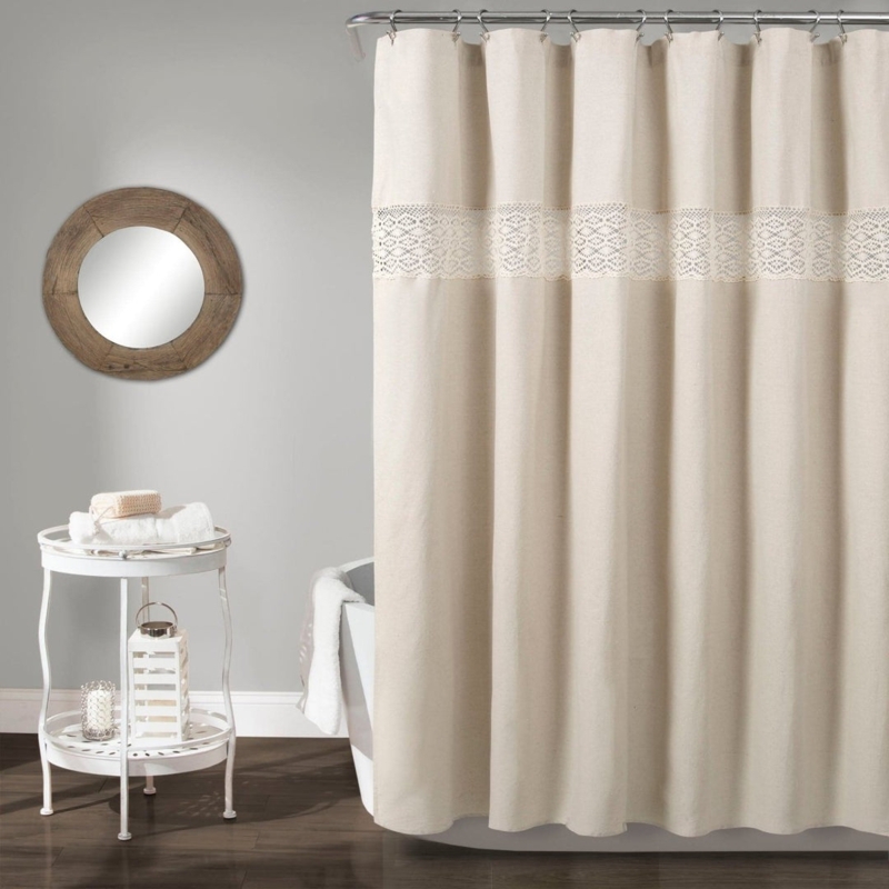 Rustic Fabric Shower Curtain Warm Beige Geometric Diamond Lace Insert