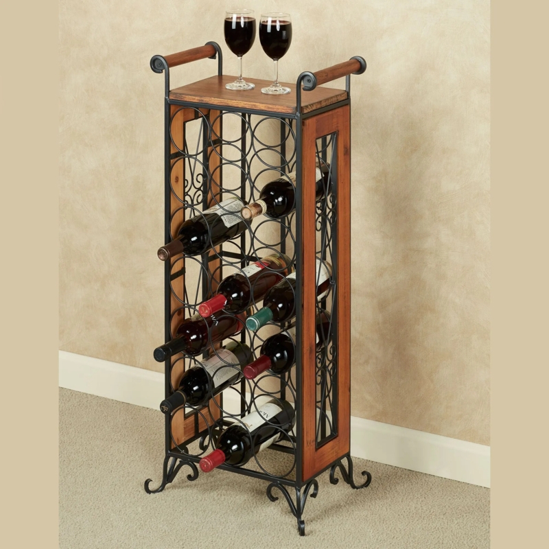 Rustic Floor Wine Rack with Wood Side Panels and Scrollwork Feet