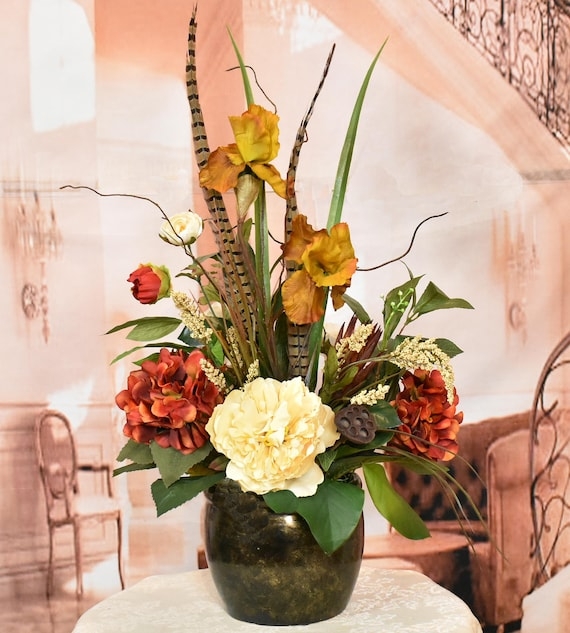 Rustic Floral Arrangement: Tall Pheasant Feathers and Dried Lotus Pods