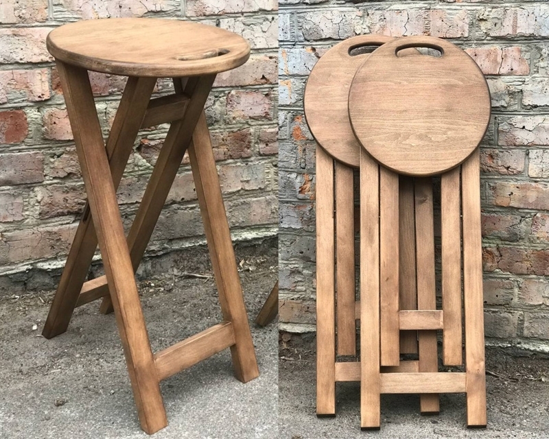 Rustic Folding Wooden Stool Round Seat Industrial Farmhouse Carrying Handle