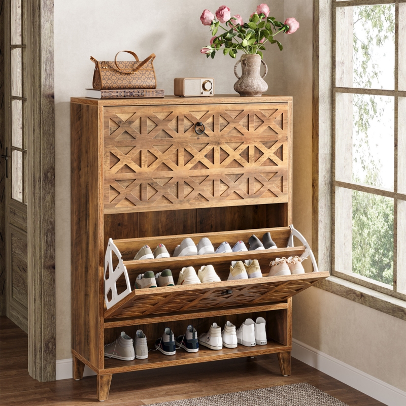 Rustic Honey Oak Shoe Cabinet featuring X-Pattern Lattice Doors