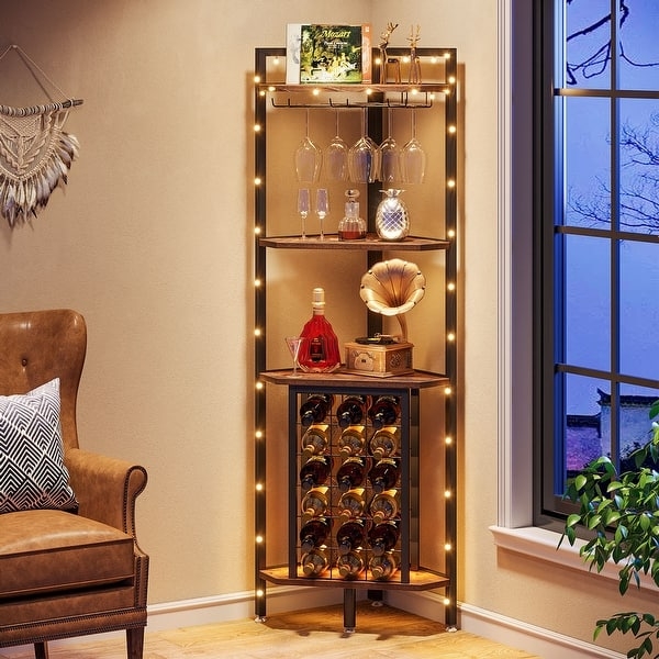Rustic Industrial Corner Wine Rack with Integrated Lighting