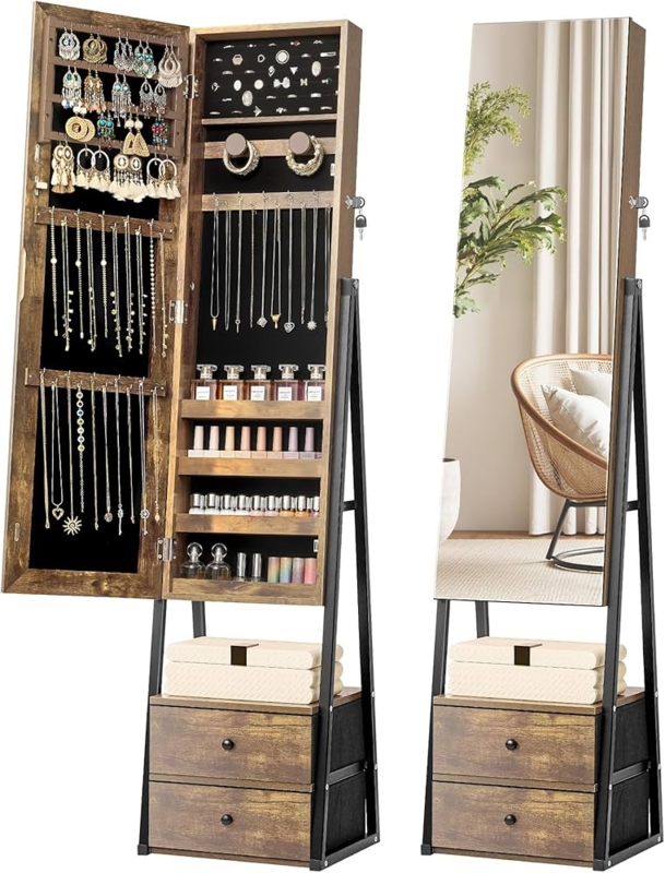 Rustic Industrial Jewelry Armoire on Metal A-Frame Stand