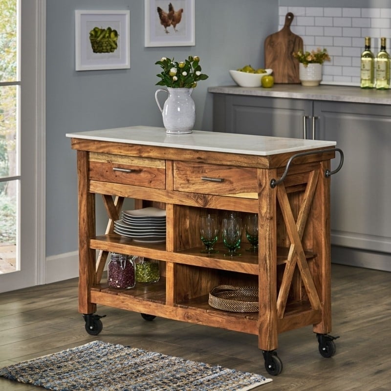 Rustic Kitchen Cart with X-Brace Sides and Rolling Base