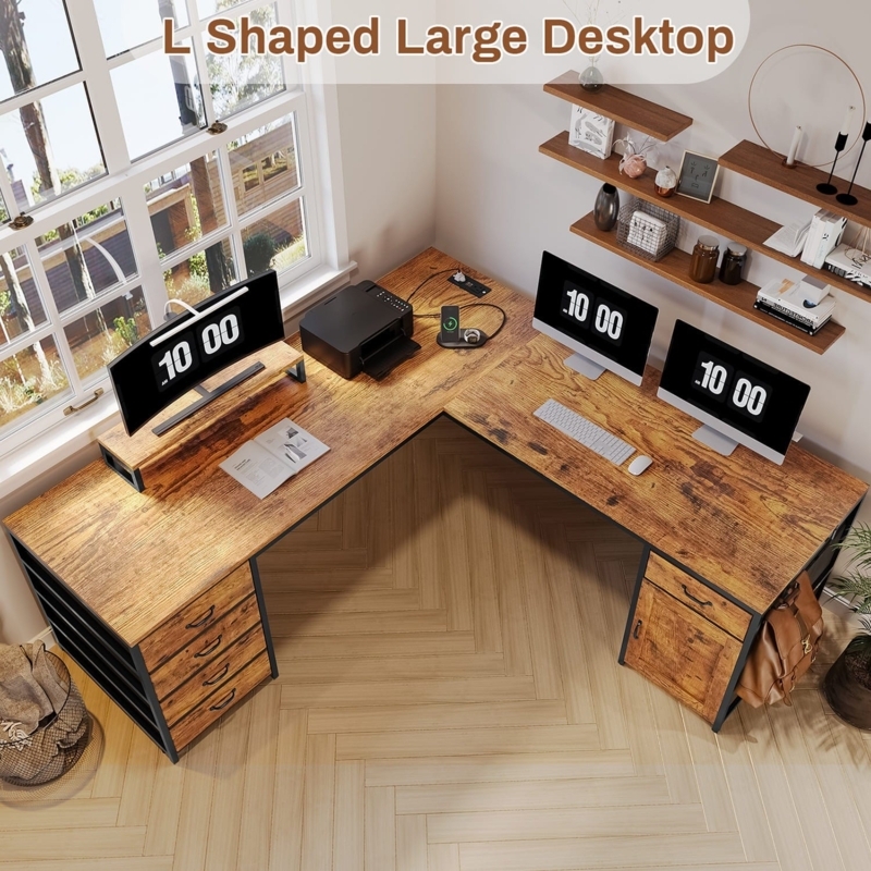 Rustic L-Shaped Desk: Monitor Riser, Five Drawers, Rustic Wood Finish