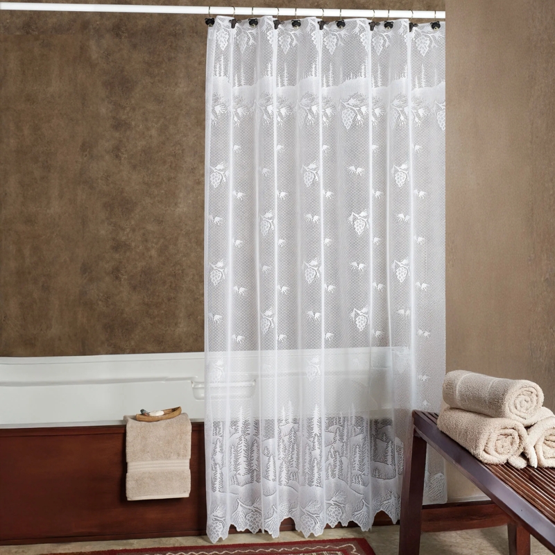 Rustic Lodge Lace Shower Curtain White Pine Cone Pattern Forest Scene