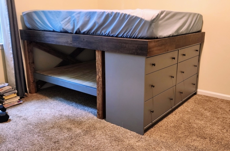 Rustic Loft Bed Dark Walnut Frame X-Brace Support Grey Dresser Base