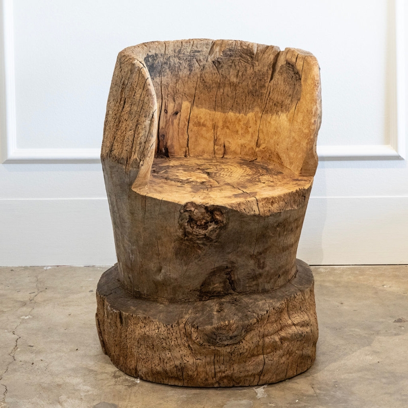 Rustic Log Accent Chair: Raw Carved Stump Base with Barrel Back