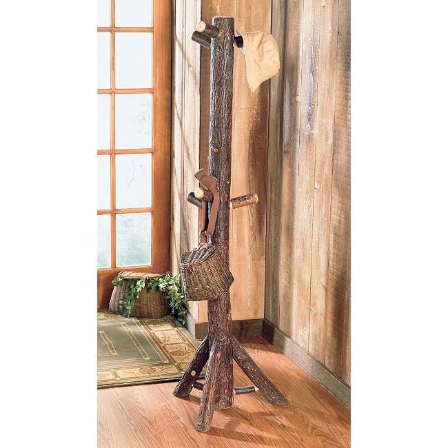 Rustic Log Coat Tree: Natural Bark-On Finish & Hickory Tripod Base