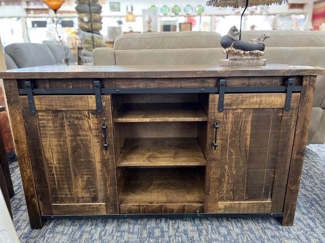 Rustic Media Console Sliding Barn Doors Matte Black Track Wood