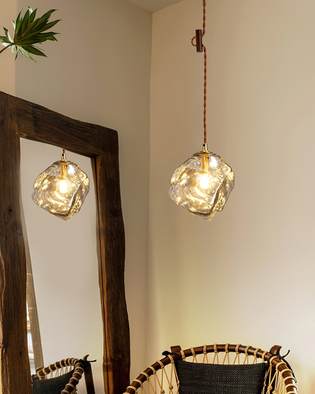 Rustic Modern Hanging Lamp with Irregular Glass and Wooden Cord Stay