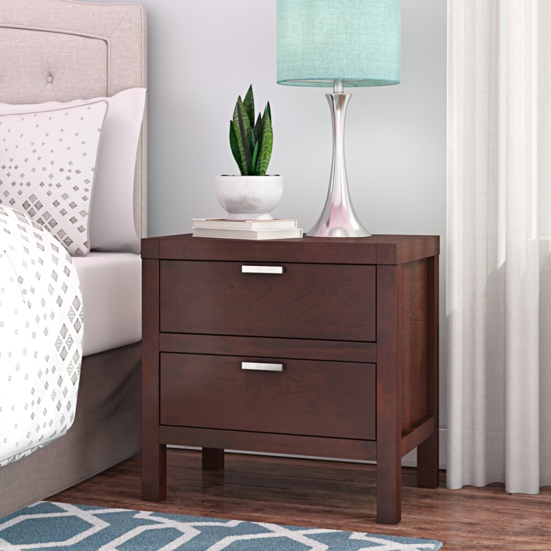 Rustic Modern Nightstand with Silver Bar Pulls and Square Legs