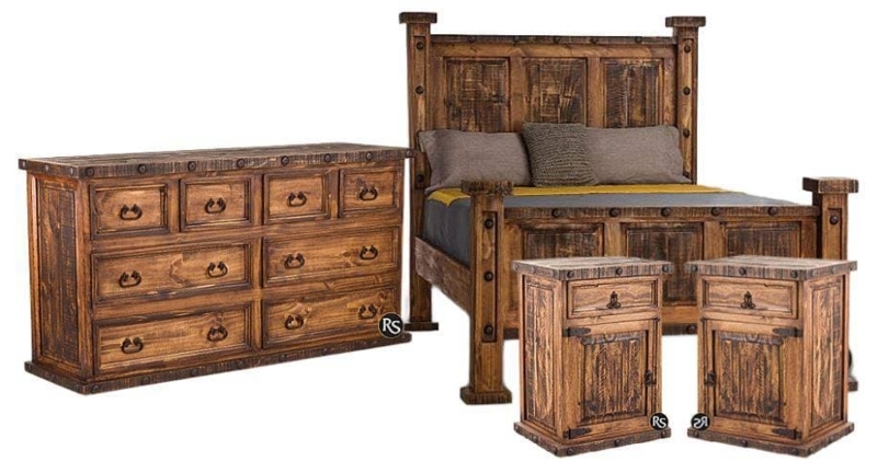 Rustic Paneled Bedroom Set with Eight-Drawer Dresser and Metal Studs
