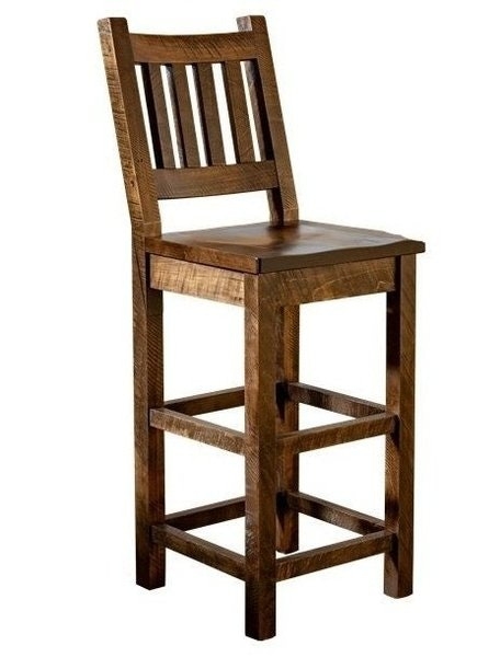 Rustic Rough-Cut Bar Stool with Saw Mark Texture and Slat Back
